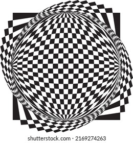 Abstract 3d background with black and white, checkered sphere, vector. Abstract black and white round object in a cage. Geometric pattern with a visual effect of volume.