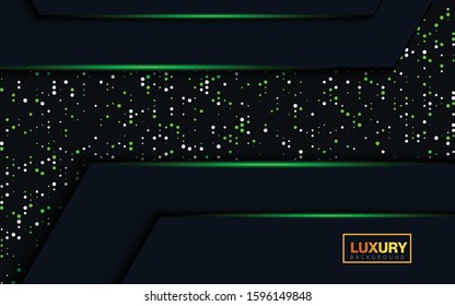 Abstract 3d background with blue  paper layers. shapes textured with green light glittering dots