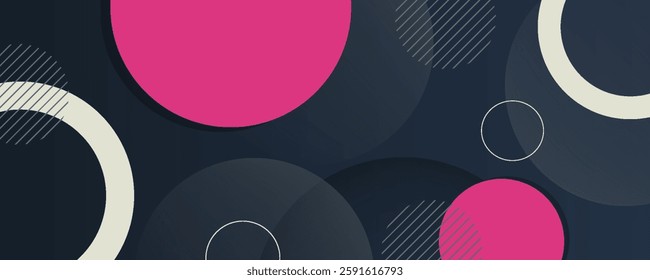 Abstract 3D background with colorful pink and white circle pattern element on dark color background.