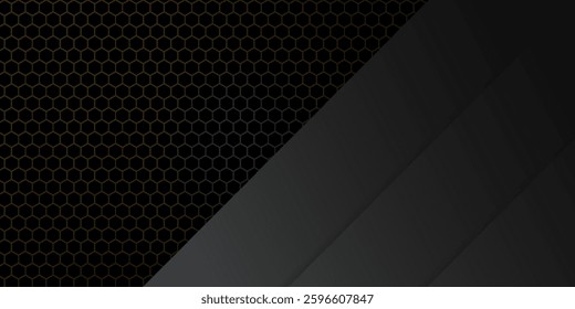 Abstract 3D background with a combination of luminous polygons in 3D style. Embossed hexagon black background. light, gold and shadow. Vector EPS 10