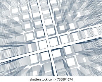 Abstract 3d background consisting of rectangles. Wireframe technology style structure. Vector illustration.