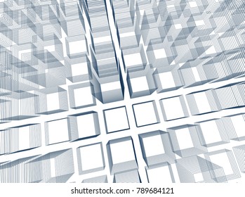 Abstract 3d background consisting of rectangles. Wireframe technology style structure. Vector illustration.