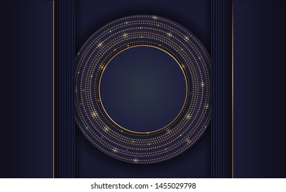 Abstract 3d background with dark blue paper layers. Luxury concept vector geometric design template layout with golden light glitter shapes texture for use element cover, banner, business, advertising