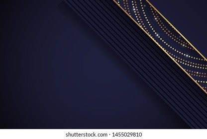 Abstract 3d background with dark blue paper layers. Luxury concept vector geometric design template layout with golden light glitter shapes texture for use element cover, banner, business, advertising
