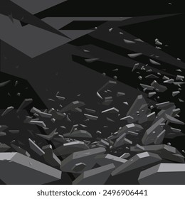 Abstract 3d background. Dark textured background. Stone texture. Flying stones. Banner background.