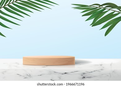 Abstract 3d background with empty wooden platform on marble surface. Realistic podium with palm leaves on the background for the demonstration of cosmetics products.