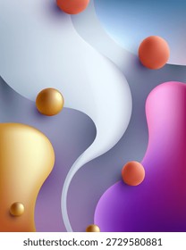 Abstrakter 3D-Hintergrund mit fließenden Schichten und schwimmenden Kugeln mit goldenen und rosafarbenen Farbverläufen für moderne digitale Kunst und luxuriöse Markenpräsentation Hintergrunddesigns