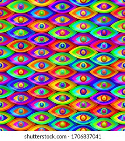 Abstract 3D background with geometric colorful figures. Design pattern with multicolor eyes shape. Seamless pattern. 3D vector illustration for web design, print pattern, scrapbooking, wrapping, etc.