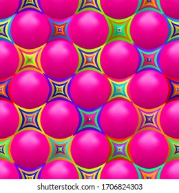 Abstract 3D background with geometric pink 3D spheres and colorful figures. Seamless pattern. 3D vector illustration.