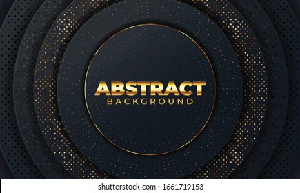 Abstract 3d background with geometric shape black paper layers element. Modern design papercut decoration textured with luxury golden color halftone pattern and typography. Material design concept wal