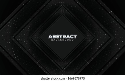 Abstract 3d background with geometric shape black paper layers element. Modern design papercut decoration textured with luxury golden color halftone pattern and typography. Material design concept wal