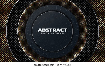 Abstract 3d background with geometric shape black paper layers element. Modern design papercut decoration textured with luxury golden color halftone pattern and typography. Material design concept wal