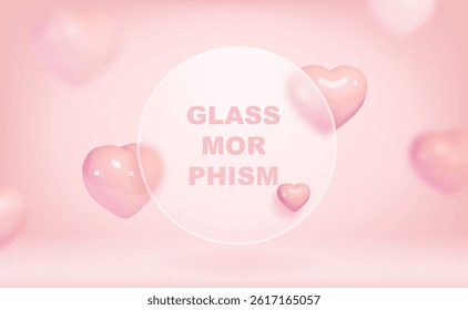 Abstract 3d background with glassmorphism design. Transparent round glass disk with colorful hearts shapes. Blur effect design. Glass Morphism graphic.
