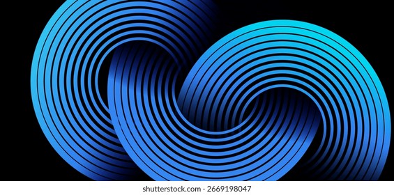 Abstract 3D background with intertwined blue gradient circular lines on a black backdrop, creating a modern futuristic design.

