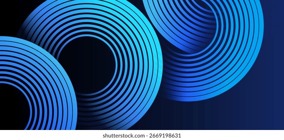 Fundo 3D abstrato com linhas circulares de gradiente azul entrelaçadas em um fundo de gradiente azul escuro, criando um design futurista moderno. Ilustração vetorial eps10. 

