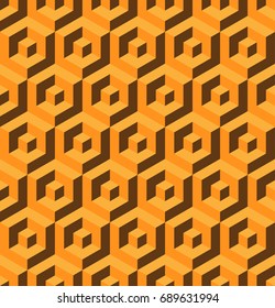 Abstract 3D background of isometric hexagonal shapes. Golden vector seamless pattern design.