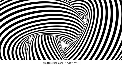 Resumen 3d fondo en estilo de líneas. Banner de rayas monocromáticas en blanco y negro. Formas con ilusión óptica. Ilustración vectorial.