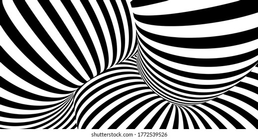Abstract 3d background in lines style. Black and white monochrome stripes banner. 3D forms with  lines effect. Vector Illustration.