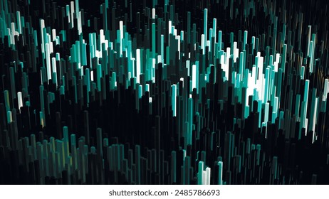 Abstract 3D background made of multi-colored cylinders. The up and down waves resemble the movement of rectangular three-dimensional growing pillars. Surface with square waves. 3D vector.