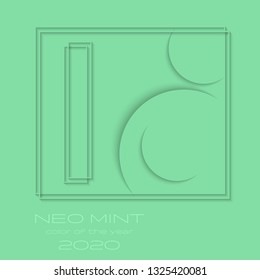 Abstract 3d background with neo mint paper layers. Neo Mint color of the Year 2020 inscription. Vector geometric illustration. Graphic design element.