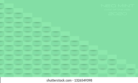 Abstract 3d background with neo-mint color geometric figures. Neo Mint color of the Year 2020 inscription. Vector geometric illustration. Graphic design element. Paper cutuot art style.