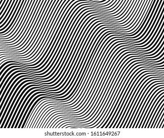 Abstract 3d background with optical illusion wave. Black and white horizontal lines with wavy distortion effect for prints, web pages, template, posters, monochrome backgrounds and pattern