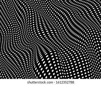 Abstract 3d background with optical illusion wave. Black and white horizontal lines with wavy distortion effect for prints, web pages, template, posters, monochrome backgrounds and pattern