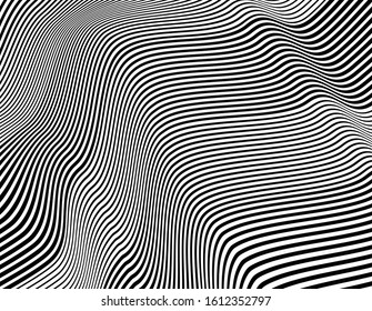 Abstract 3d background with optical illusion wave. Black and white horizontal lines with wavy distortion effect for prints, web pages, template, posters, monochrome backgrounds and pattern