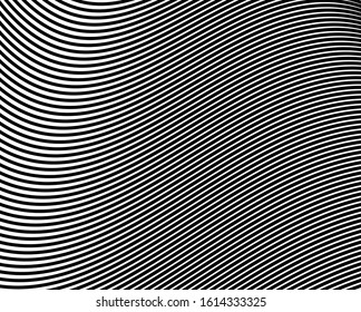 Abstract 3d background with optical illusion wave. Black and white horizontal lines with wavy distortion effect for prints, web pages, template, posters, monochrome backgrounds and pattern