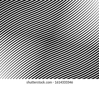 Abstract 3d background with optical illusion wave. Black and white horizontal lines with wavy distortion effect for prints, web pages, template, posters, monochrome backgrounds and pattern