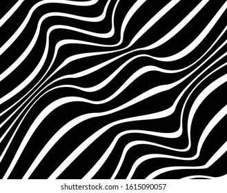 Abstract 3d background with optical illusion wave. Black and white horizontal lines with wavy distortion effect for prints, web pages, template, posters, monochrome backgrounds and pattern