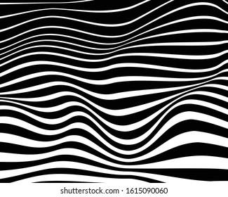 Abstract 3d background with optical illusion wave. Black and white horizontal lines with wavy distortion effect for prints, web pages, template, posters, monochrome backgrounds and pattern