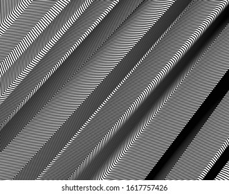 Abstract 3d background with optical illusion wave. Black and white horizontal lines with wavy distortion effect for prints, web pages, template, posters, monochrome backgrounds and pattern