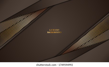 Abstract 3d background paper layers. Vector geometric illustration of carbon sliced shapes textured with golden glittering dots. Graphic design element. Elegant decoration