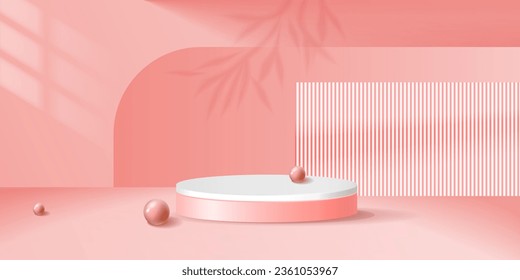 abstrakter 3D-Hintergrund mit Podium. Zirkelszene mit Laubschatten. Vorführung von Szene-Produkten. Geometrische Vektorformen.