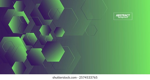 Abstract 3D background with purple and green gradient colors. Hexagonal pattern overlay shapes with lines. Cool design. Vector Eps10