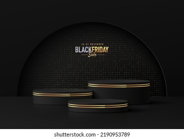 Abstract 3D background with realistic black cylinder podium set and golden glitter scene in semi circle window. Luxury black friday sale scene for product display. Vector geometric rendering platform.