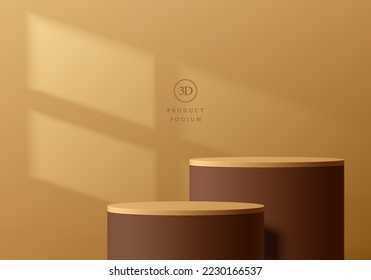 Abstract 3D background with realistic brown, golden cylinder steps stand podium set, window shadow overlay. Minimal wall scene mockup product display. Vintage geometric forms. Luxury stage showcase.