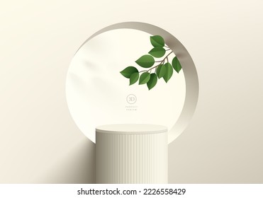 Abstract 3D background, Realistic cream beige cylinder stand podium with green leaf in round circle window. Minimal wall scene mockup product display. Vector geometric forms. Round stage showcase.