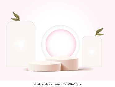Abstract 3d background realistic cream beige cylinder pedestal podium with green leaf and partition