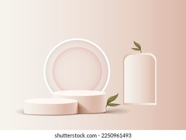 Abstract 3d background realistic cream beige cylinder pedestal podium with green leaf and partition