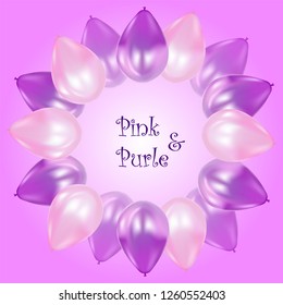 Abstract 3d background with realistic  flying balloons. Greeting card, banner, poster. Pink and purple concept. Vector Illustration. 