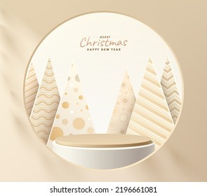 Abstract 3D background, Realistic golden cylinder stand podium in round window and modern luxury christmas tree scene. Merry christmas and happy new year scene for product display. Vector render form.