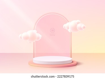 Abstract 3D background with realistic pink, yellow cylinder podium. bubbles cloud flying on arch backdrop. Pastel minimal scene mockup product display. Vector geometric forms. Round stage showcase.