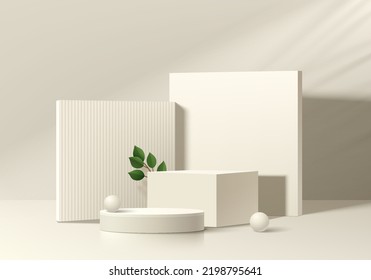 Abstract 3D background, Realistic steps beige round, cube pedestal podium with palm leaf shadow overlay. Minimal scene for mockup product display. Vector geometric form design. Stage to showcase.