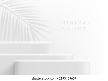 Abstract 3D background, Realistic white round pedestal podium or table set with palm leaf shadow overlay. Minimal wall scene for mockup product display. Vector geometric forms. Round stage showcase.