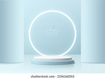 Abstract 3D background, Realistic white, light blue cylinder pedestal podium with glowing circle neon. Minimal scene for mockup product display. Vector geometric forms. Futuristic round stage showcase