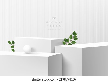 Abstract 3D background, Realistic white, gray steps cube box stand podium or desk set with green leaf. Minimal wall scene for mockup product display. Vector geometric forms. Round stage for showcase.