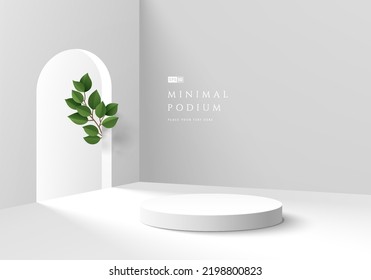 Abstract 3D background, Realistic white and gray cylinder pedestal podium with arch door and green leaves. Minimal wall scene for mockup product display. Vector geometric forms. Round stage showcase.