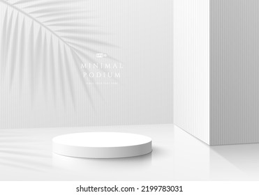 Abstract 3D background, Realistic white cylinder pedestal podium with vertical line pattern scene and palm leaf shadow. Minimal scene for mockup product display. Vector geometric form. Stage showcase.